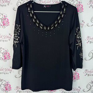 Model France top blouse embroidered bling Chic Black Embellished Women's Blouse
